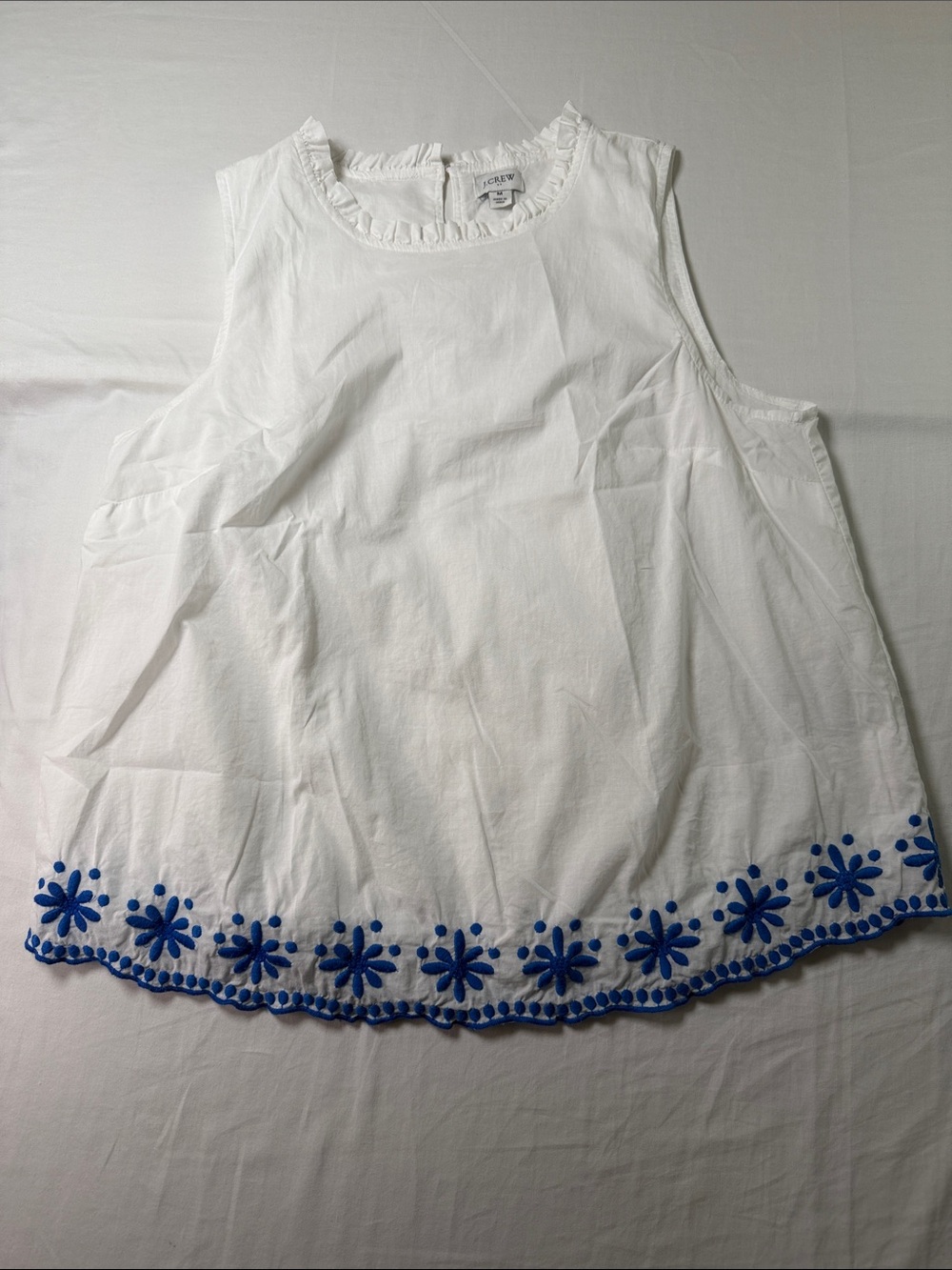 J. Crew White Sleeveless Tank with Blue Floral Eyelet Hem
